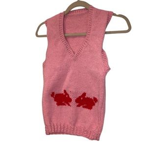 Hand KNit Crafted vinatage wool pink red easter bunny intarsia sweater v…
